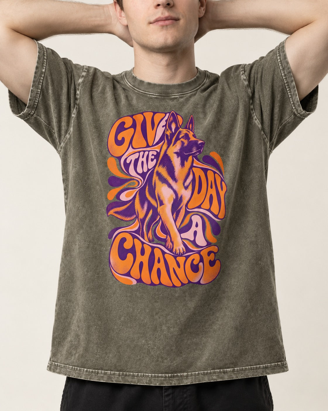 Give The Day A Chance Psychedelic German Shepherd Dog Graphic Washed Tee in Army Green, worn by a model, front view