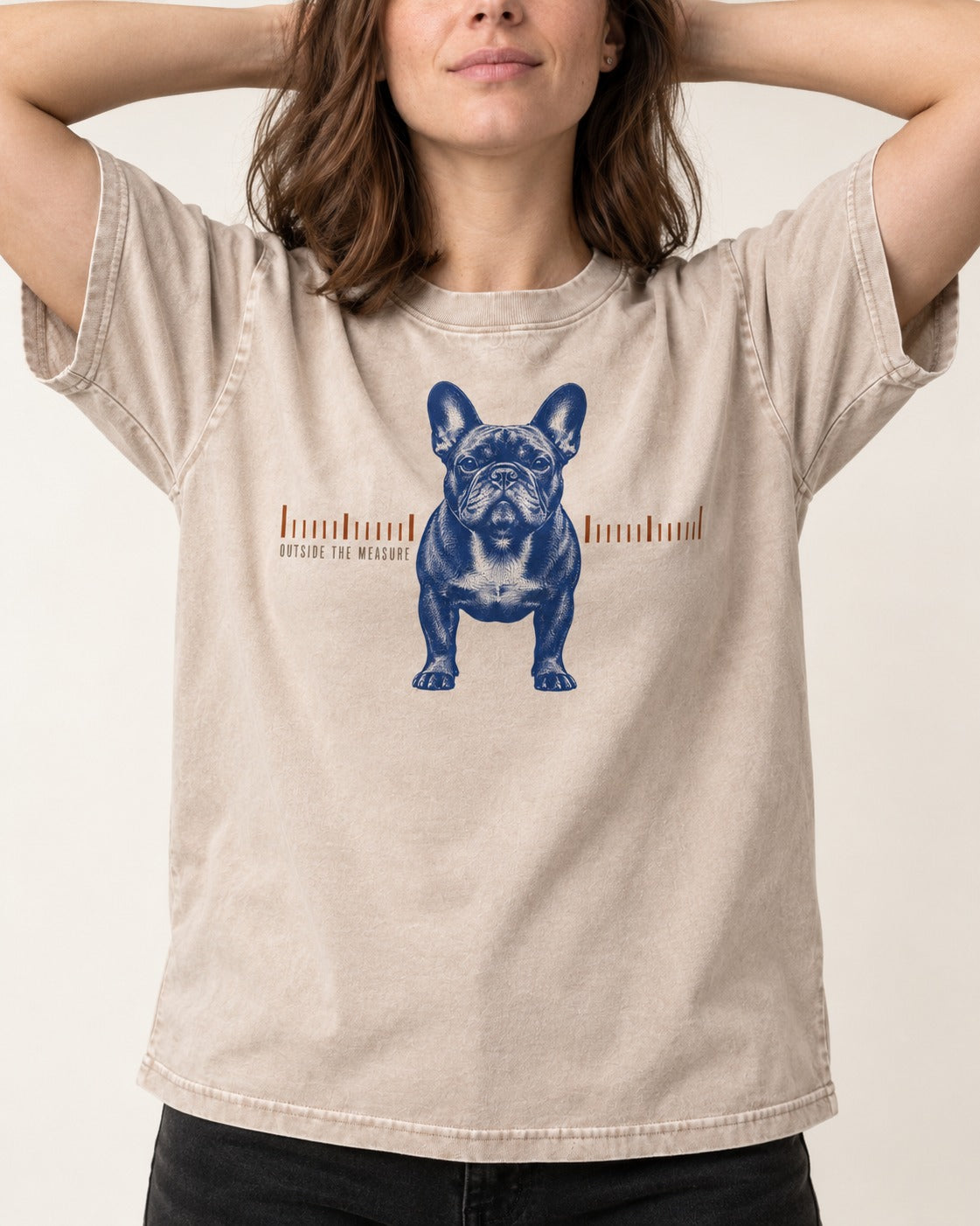 Frenchie Outside the Measure Washed Tee in Apricot, worn by a model, front view