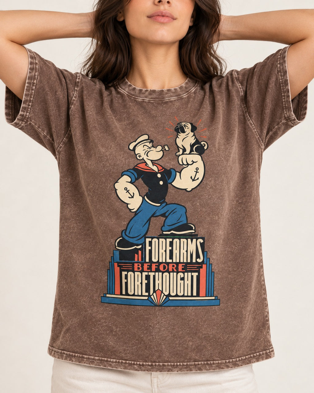 Pug Forearms Before Forethought Washed Tee in Coffee, worn by a model, front view