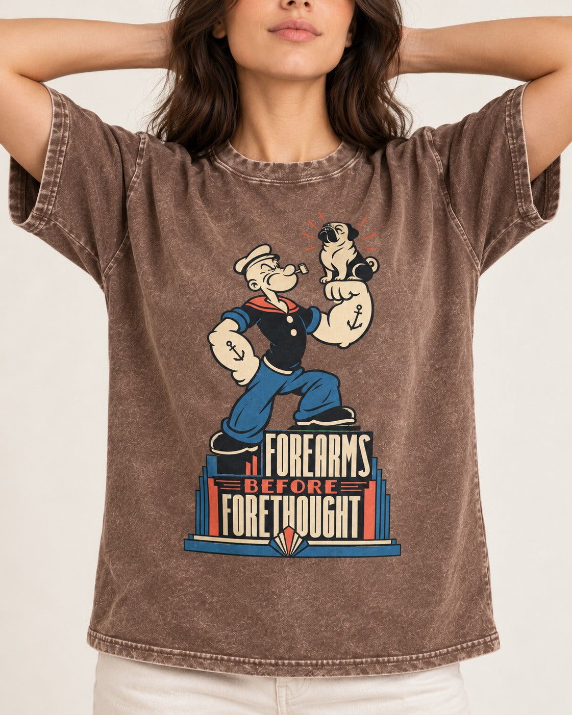 Pug Forearms Before Forethought Washed Tee in Coffee, worn by a model, front view