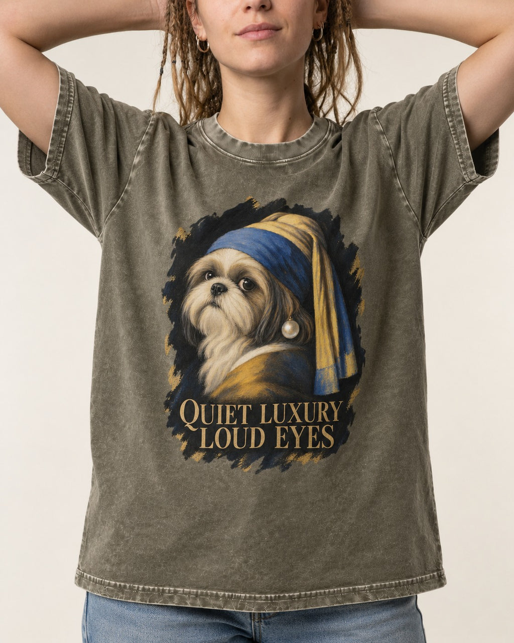 Shih Tzu Quiet Luxury Loud Eyes Pearl Portrait Graphic Washed Tee in Army Green, worn by a model, front view