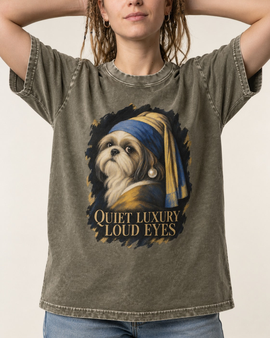 Shih Tzu Quiet Luxury Loud Eyes Pearl Portrait Graphic Washed Tee in Army Green, worn by a model, front view