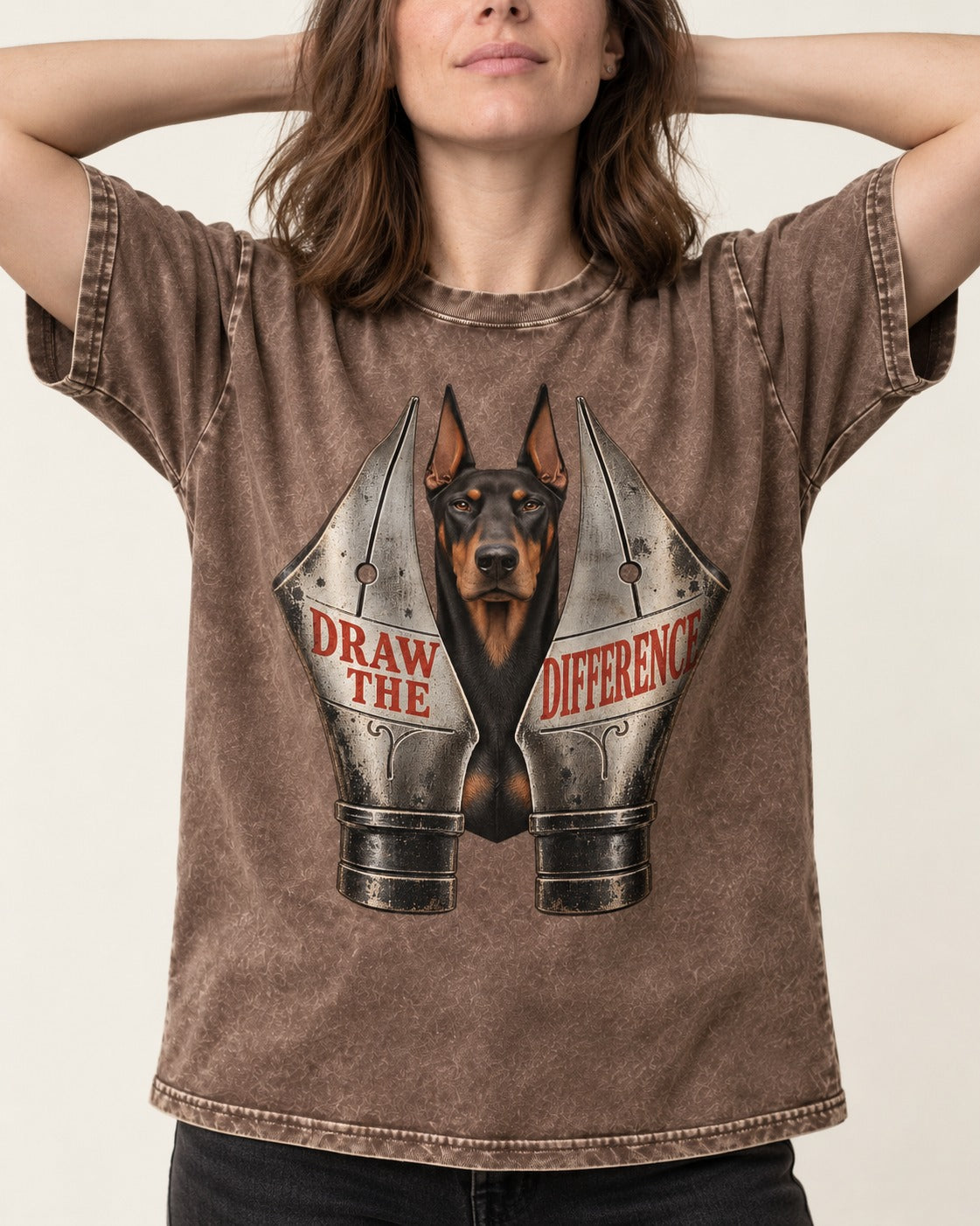 Doberman Draw the Difference Washed Tee in Coffee, worn by a model, front view