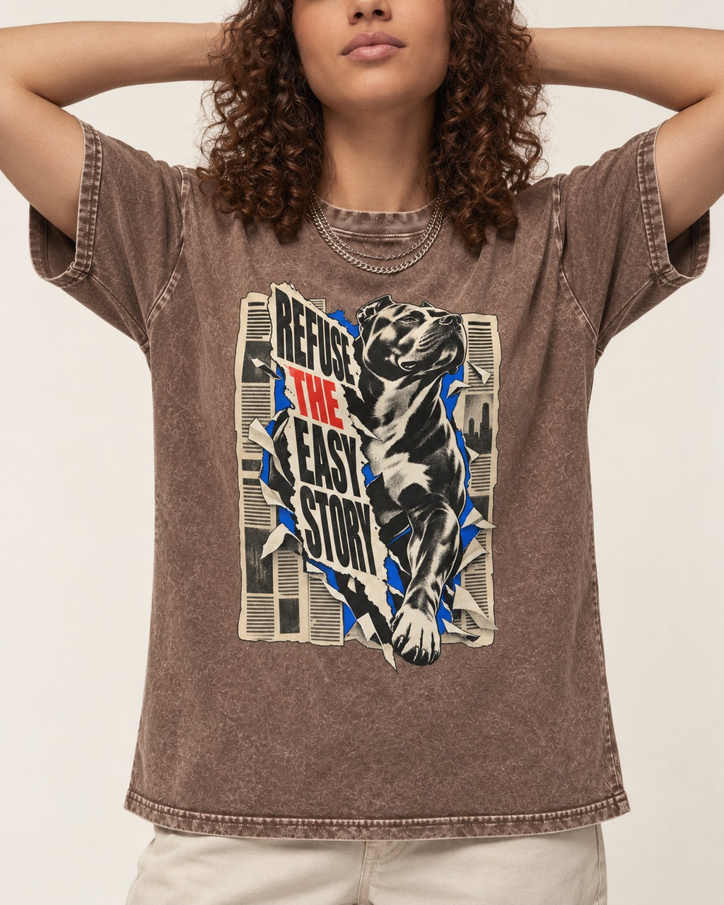 Pitbull Refuse the Easy Story Washed Tee in Coffee, worn by a model, front view