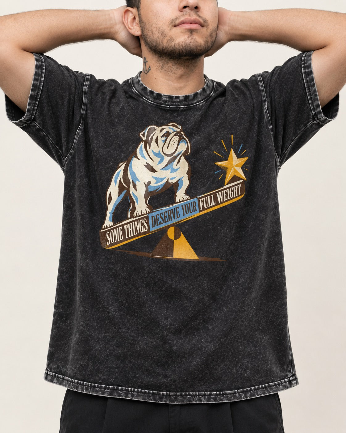 Some Things Deserve Your Full Weight English Bulldog Graphic Washed Tee in Black, worn by a model, front view