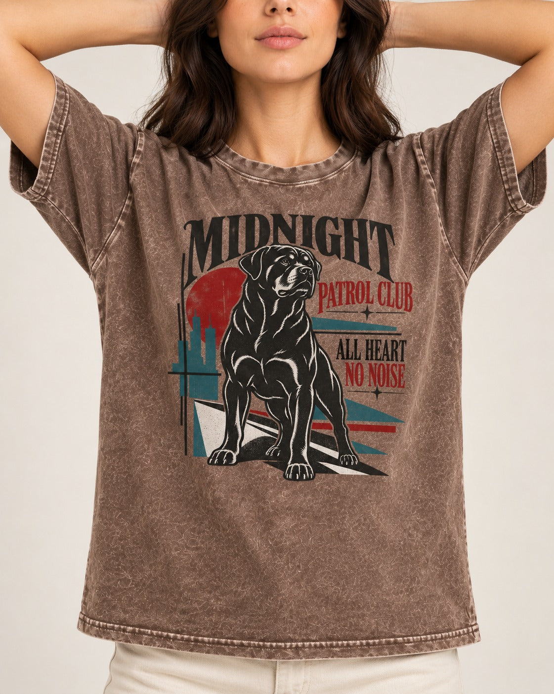 Rottweiler Midnight Patrol Club Washed Tee in Coffee, worn by a model, front view