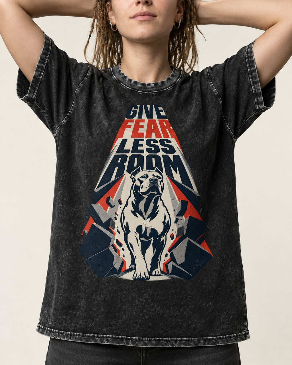 Pitbull Give Fear Less Room Breakthrough Graphic Washed Tee in Black, worn by a model, front view