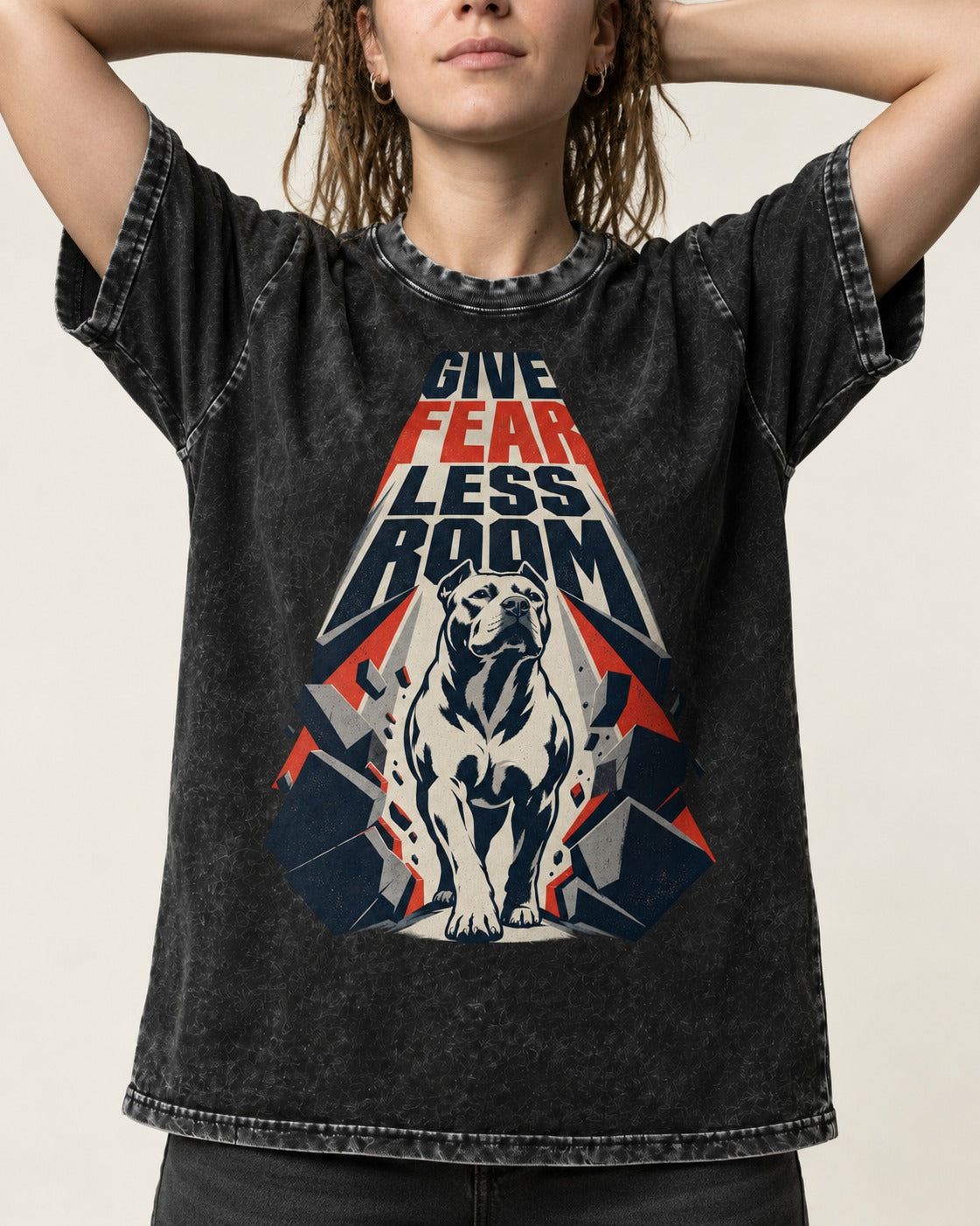 Pitbull Give Fear Less Room Breakthrough Graphic Washed Tee in Black, worn by a model, front view