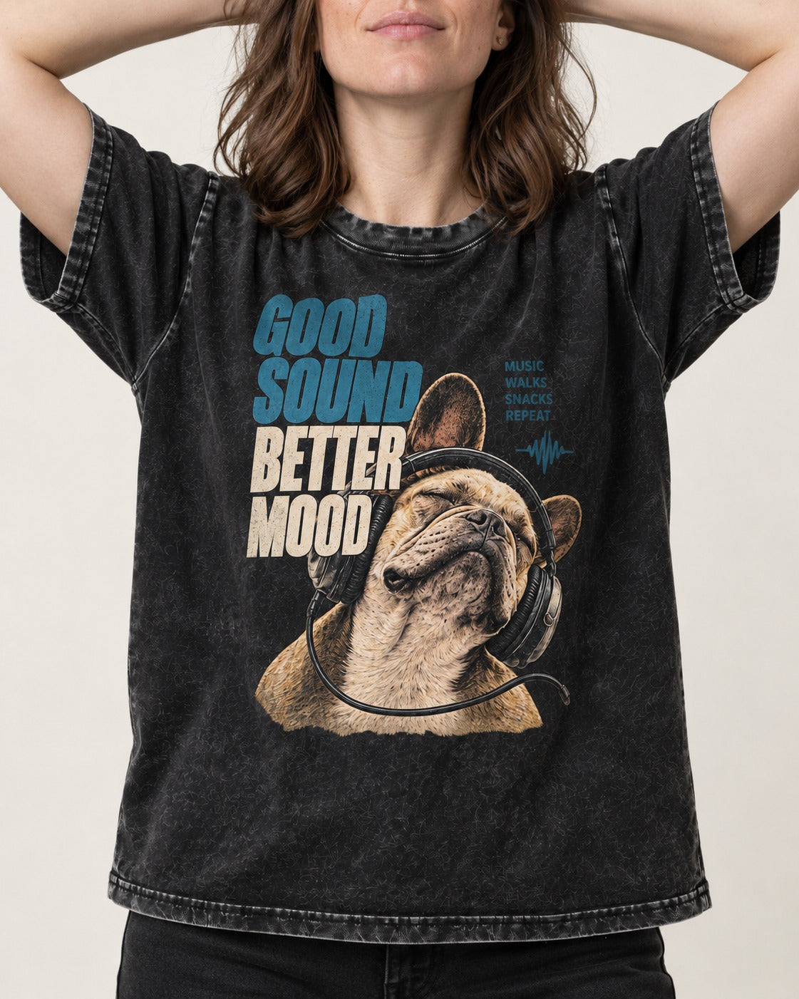 Frenchie Good Sound Better Mood Headphones Graphic Washed Tee in Black, worn by a model, front view