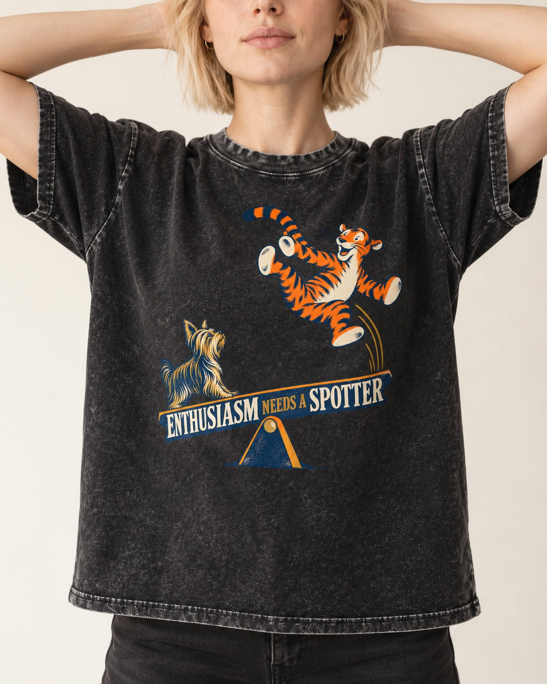 Yorkshire Terrier Enthusiasm Needs a Spotter Seesaw Graphic Washed Tee in Black, worn by a model, front view