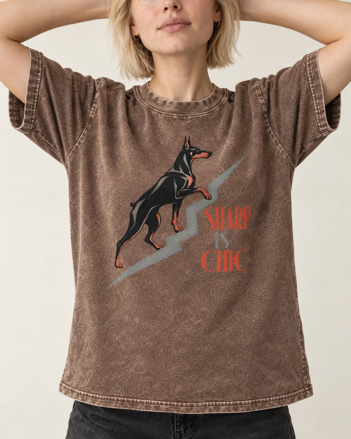 Doberman Is Chic Washed Tee in Coffee, worn by a model, front view