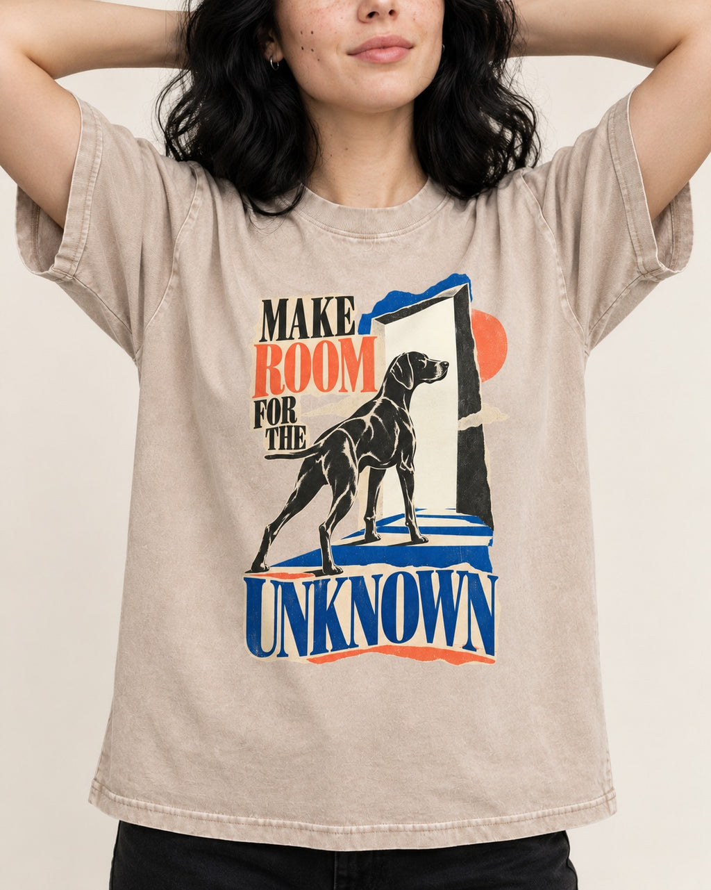 German Shorthaired Pointer Room for the Unknown Washed Tee in Apricot, worn by a model, front view