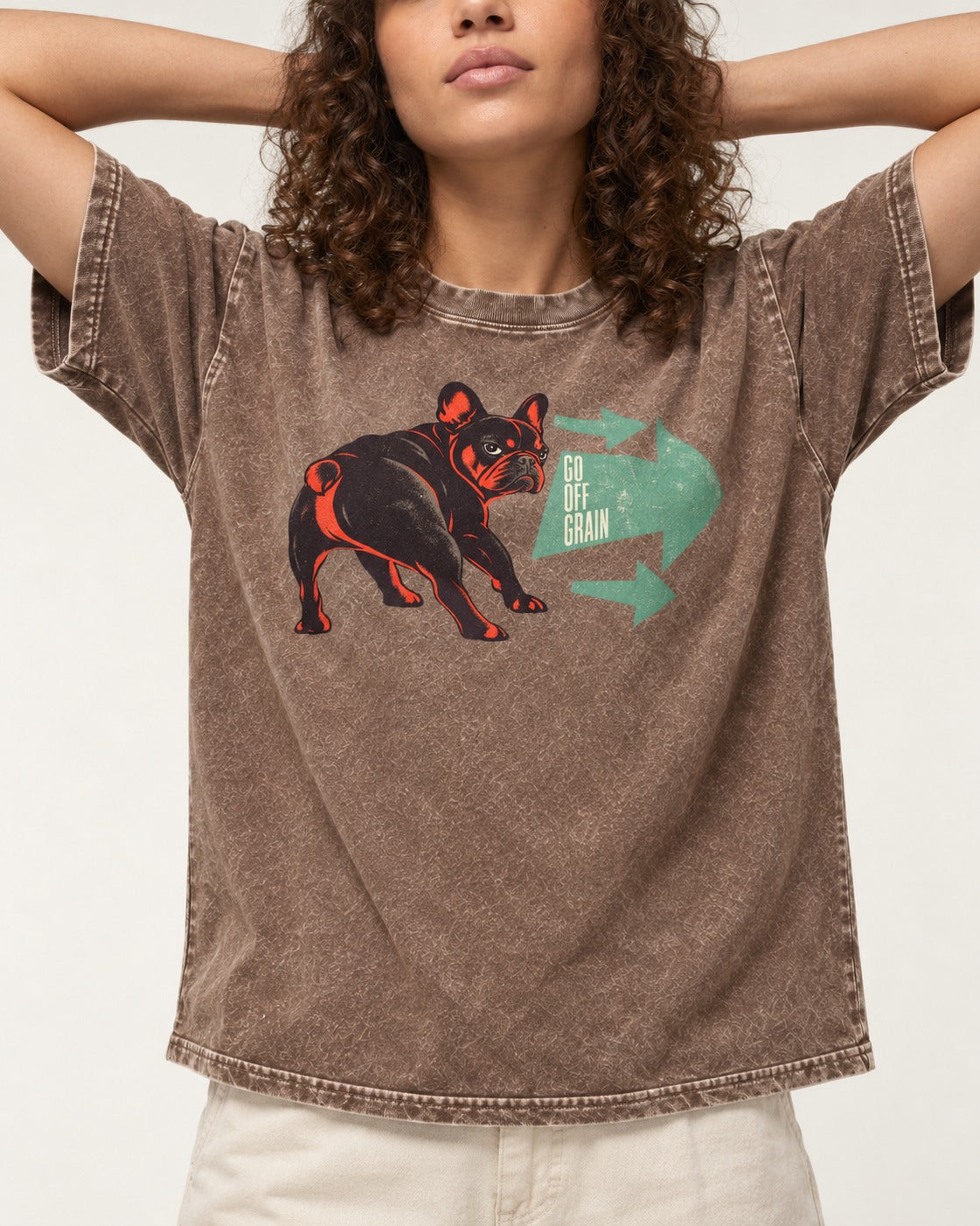 Frenchie Go Off Grain Arrow Graphic Washed Tee in Coffee, worn by a model, front view