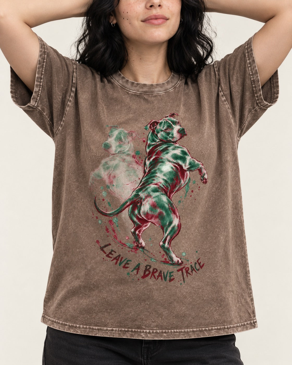 Pitbull's Brave Trace Washed Tee in Coffee, worn by a model, front view