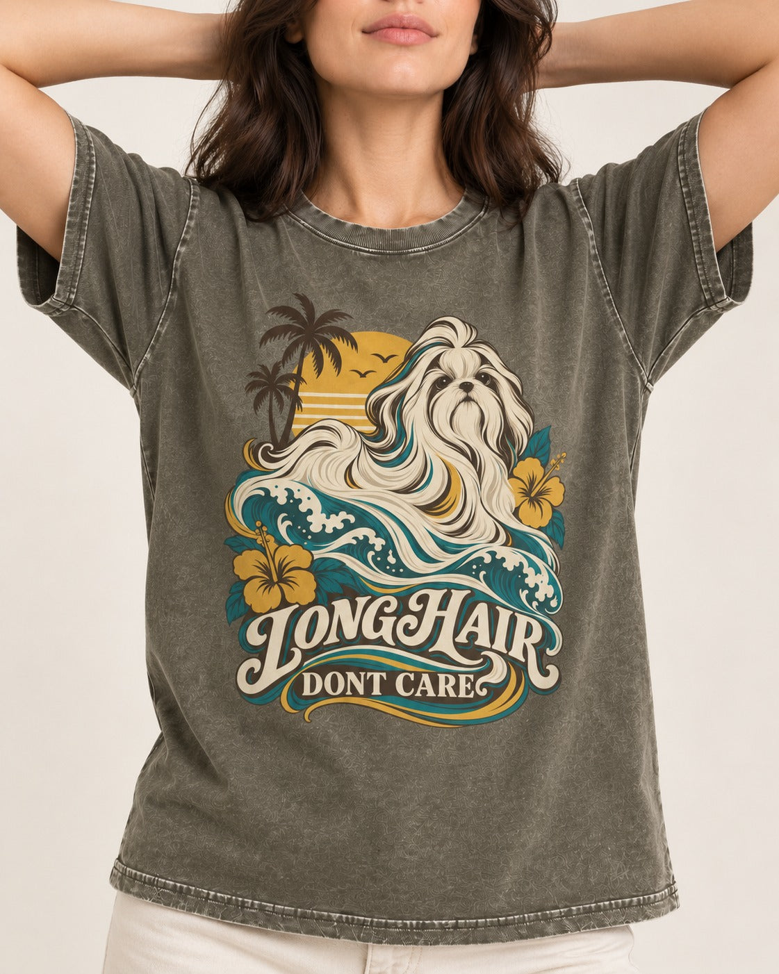 Shih Tzu Long Hair Don't Care Tropical Wave Graphic Washed Tee in Army Green, worn by a model, front view