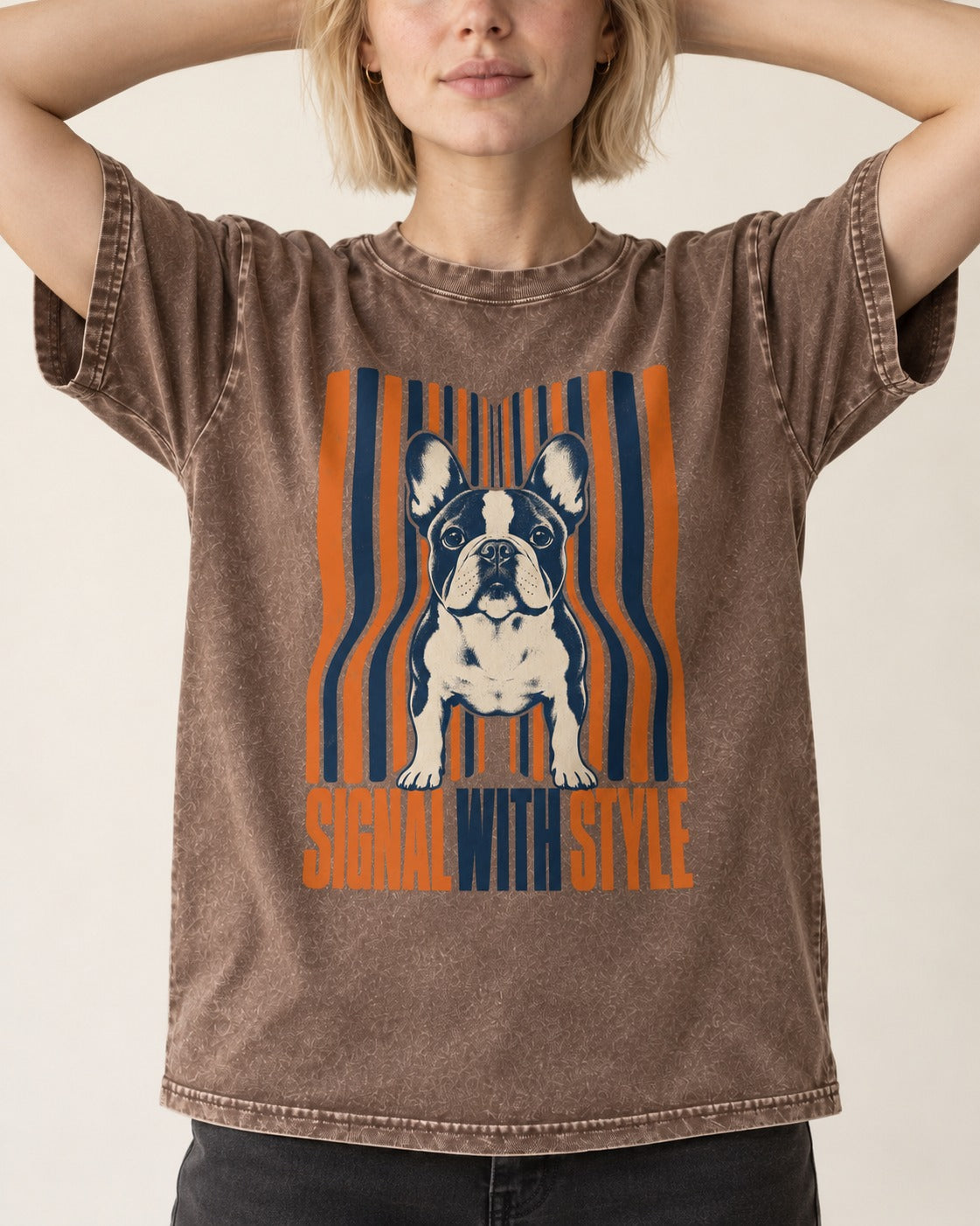 Frenchie Signal Washed Tee in Coffee, worn by a model, front view
