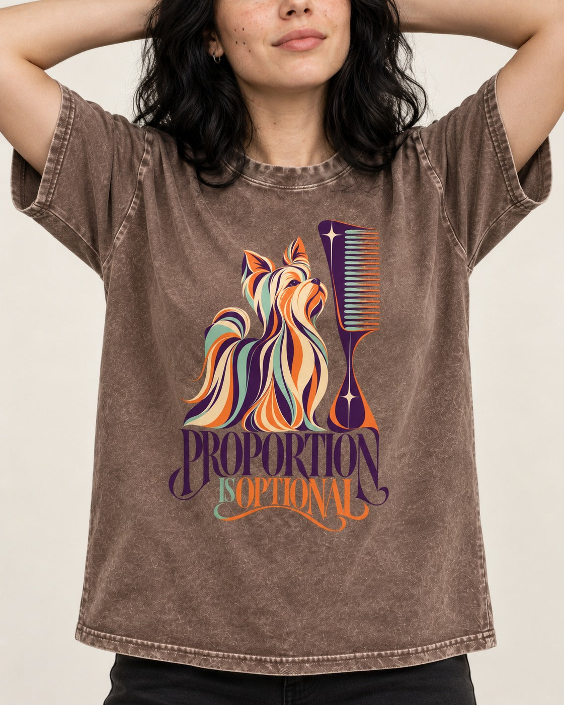 Yorkshire Terrier Proportion Is Optional Washed Tee in Coffee, worn by a model, front view