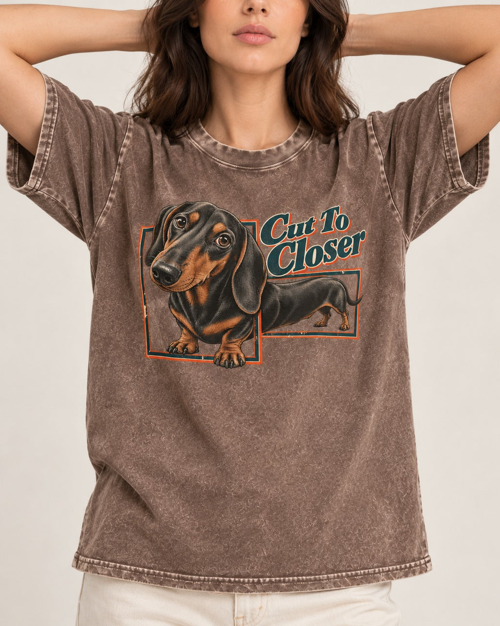 Dachshund Cut to Closer Washed Tee in Coffee, worn by a model, front view