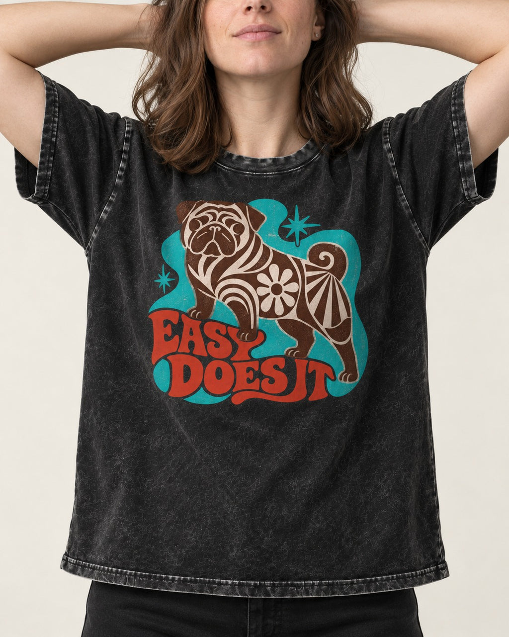 Pug Easy Does It Retro Floral Graphic Washed Tee in Black, worn by a model, front view