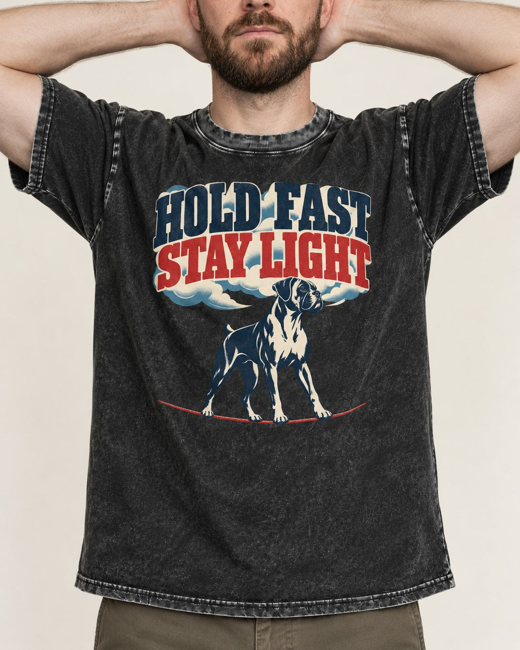 Hold Fast Stay Light Boxer Cloud Graphic Washed Tee in Black, worn by a model, front view