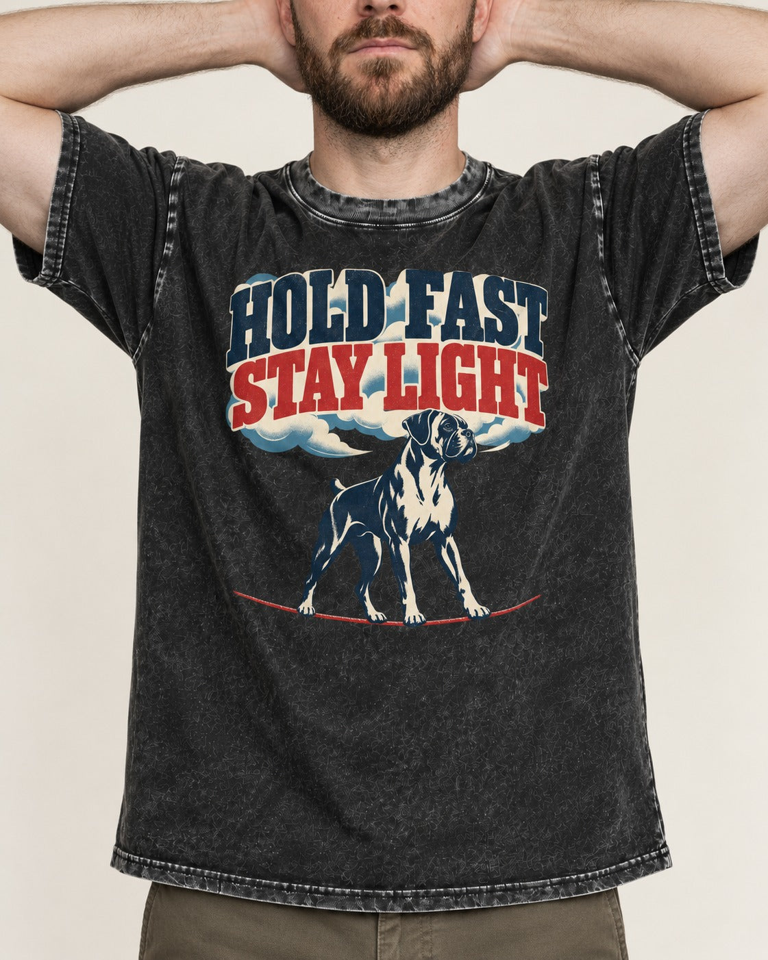 Hold Fast Stay Light Boxer Cloud Graphic Washed Tee in Black, worn by a model, front view