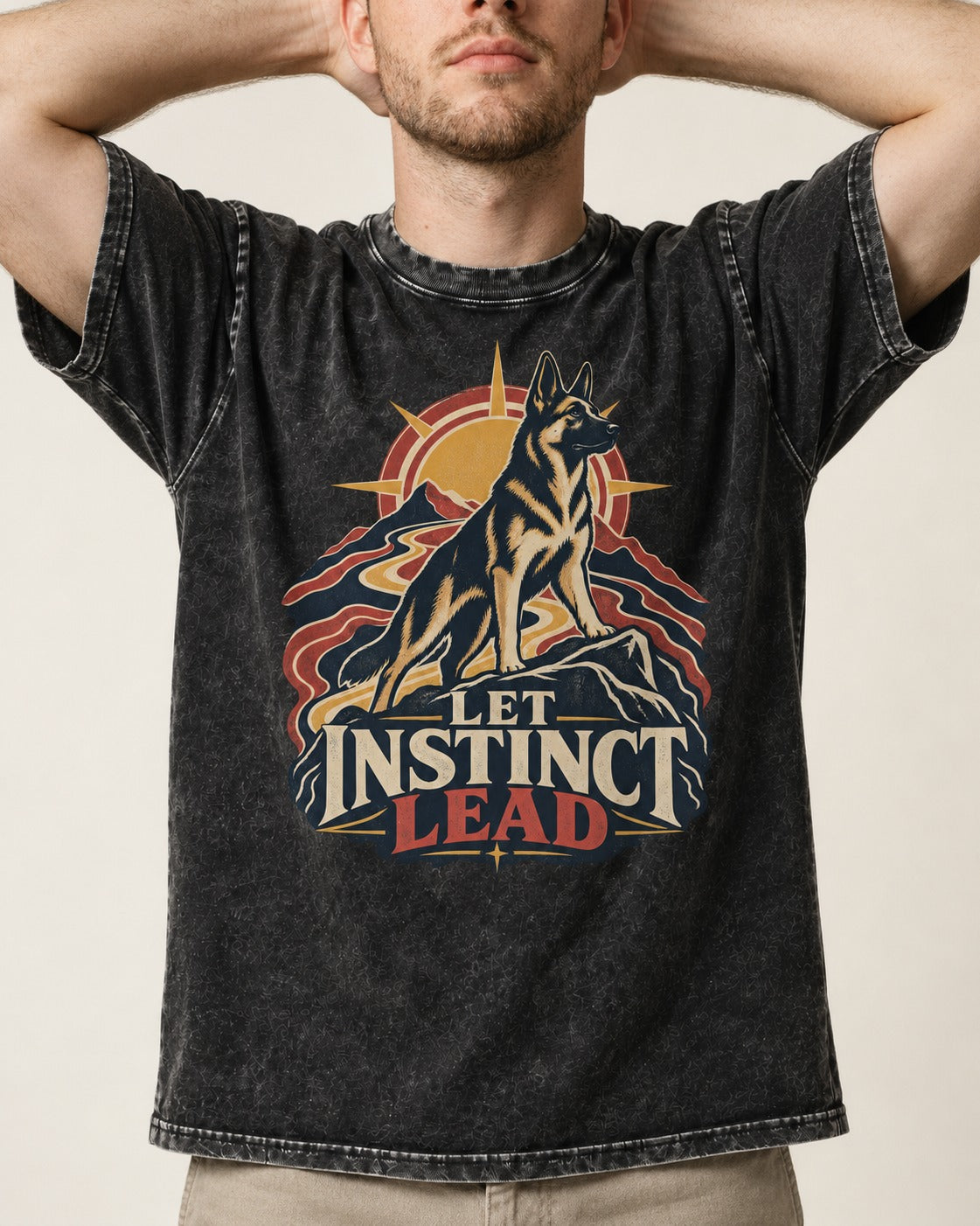 Let Instinct Lead Sunrise German Shepherd Dog Graphic Washed Tee in Black, worn by a model, front view