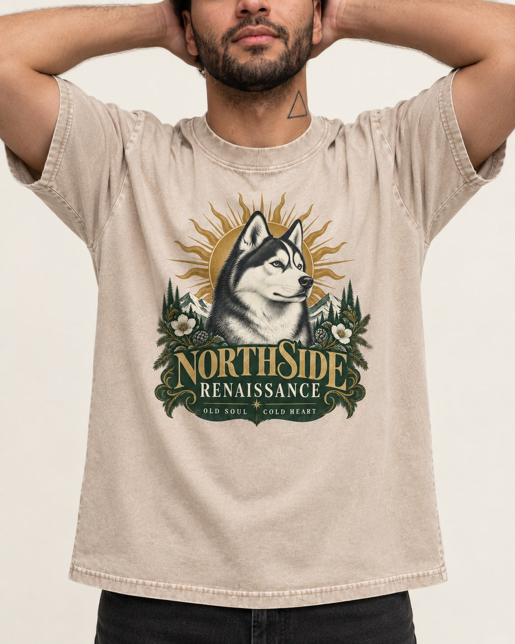 Northside Renaissance Husky Washed Tee in Apricot, worn by a model, front view