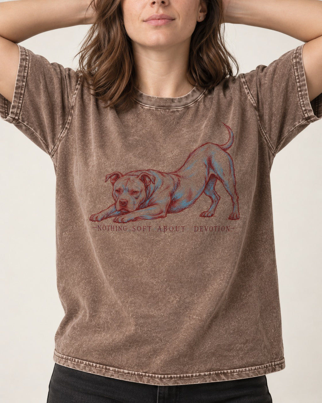 Nothing Soft About Pitbull Devotion Washed Tee in Coffee, worn by a model, front view