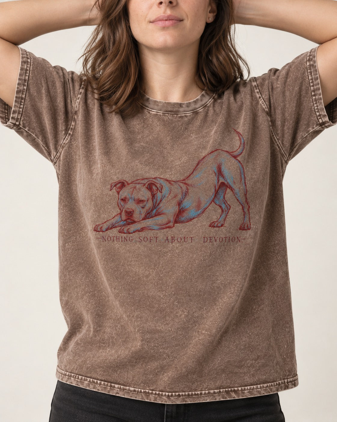 Nothing Soft About Pitbull Devotion Washed Tee in Coffee, worn by a model, front view