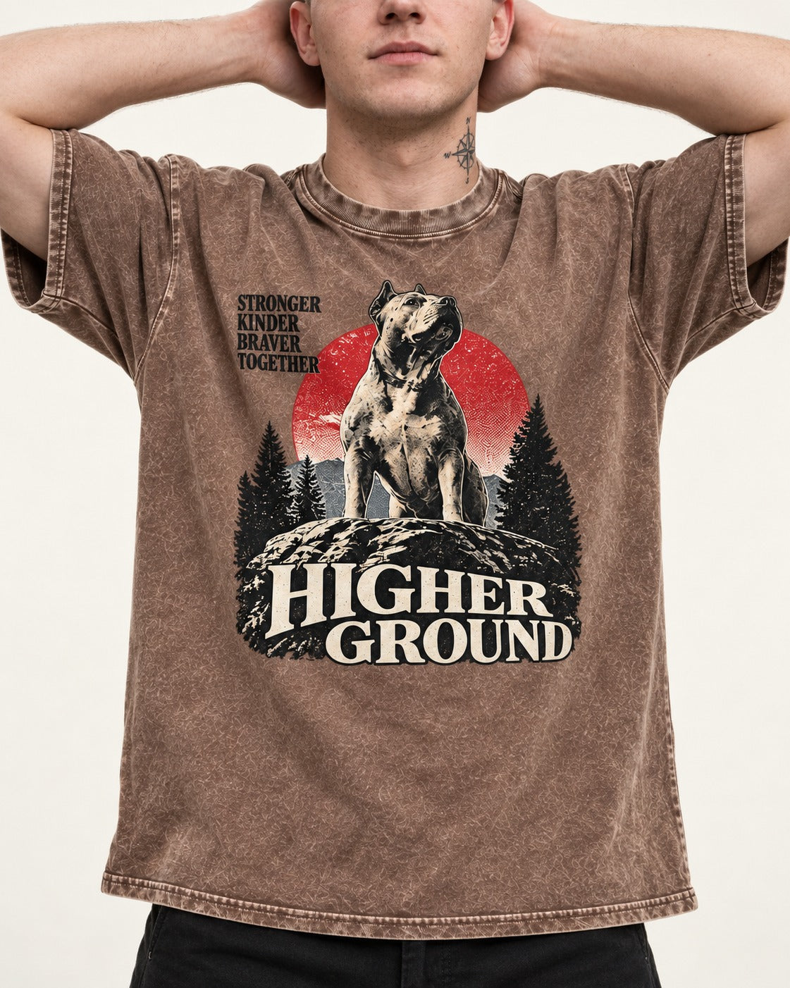 Pitbull Higher Ground Washed Tee in Coffee, worn by a model, front view