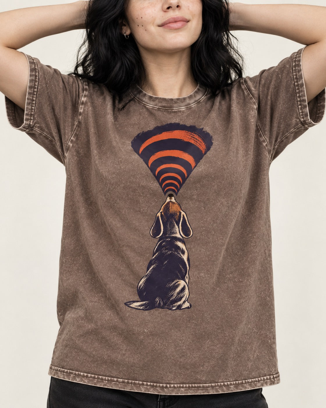 Beagle Broadcast Washed Tee in Coffee, worn by a model, front view
