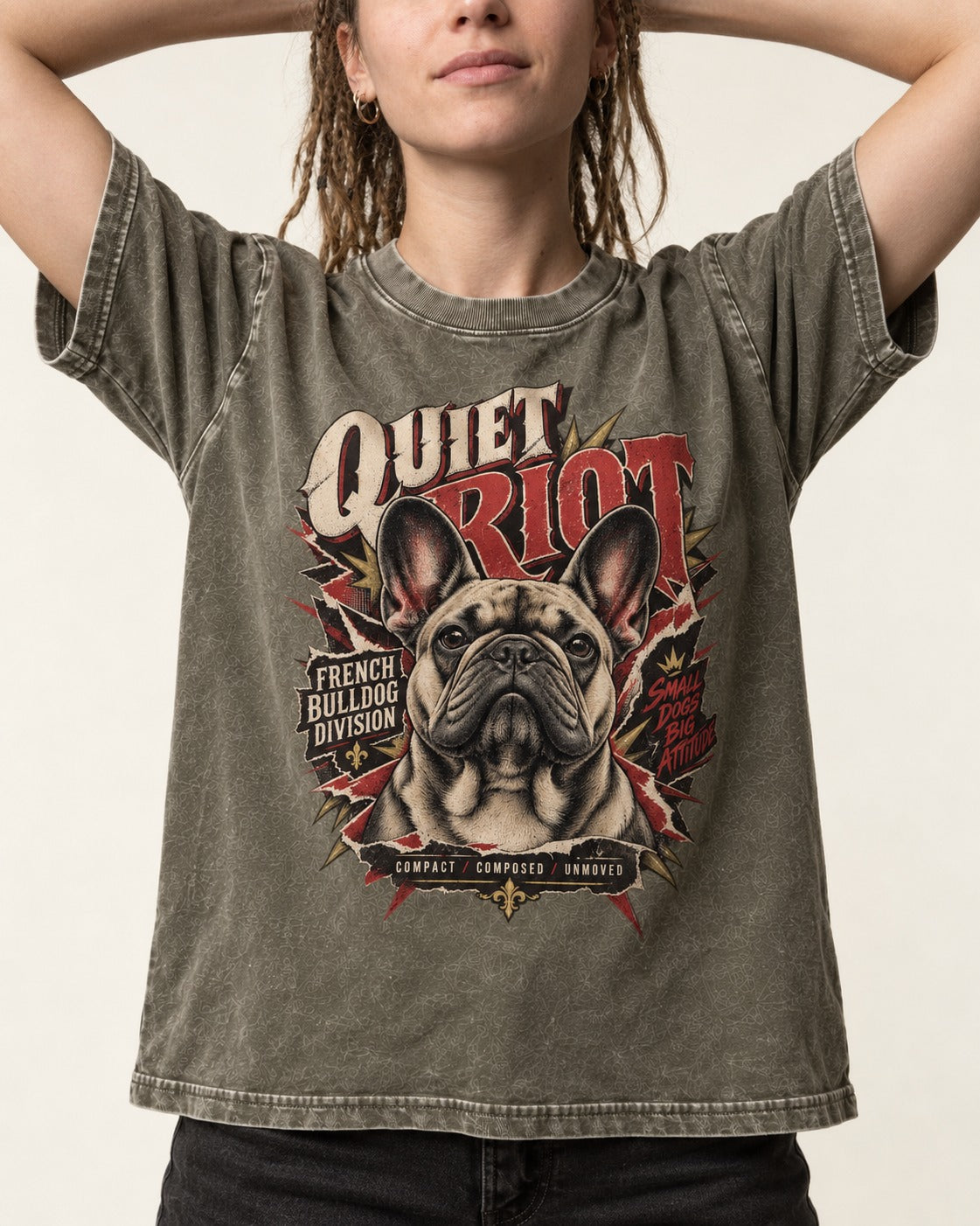 Frenchie Quiet Riot Division Emblem Washed Tee in Army Green, worn by a model, front view