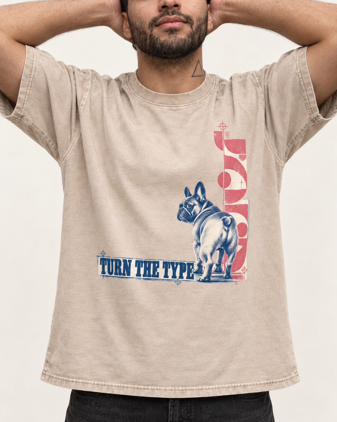 Frenchie Turn the Type Washed Tee in Apricot, worn by a model, front view