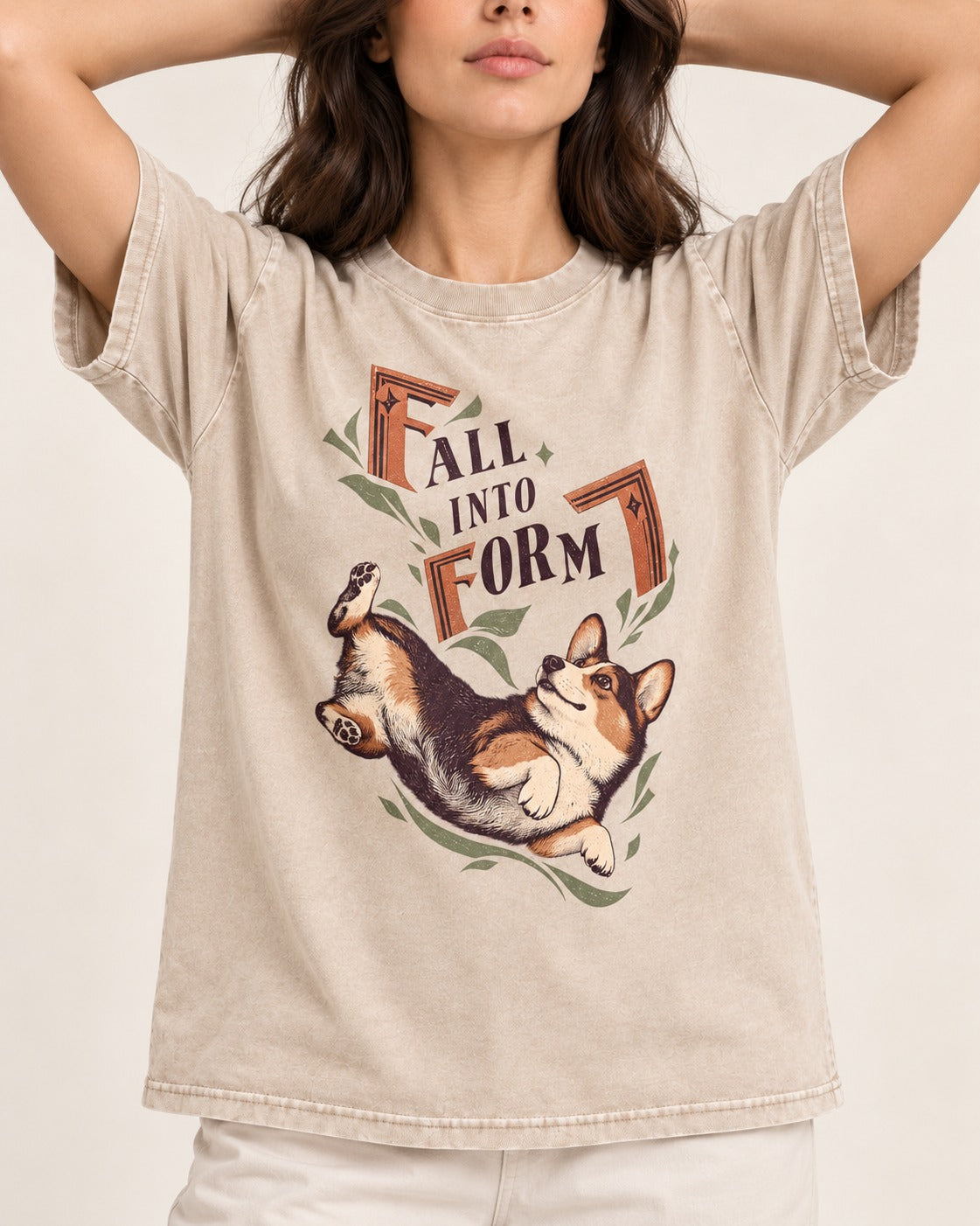 Corgi Fall Into Form Washed Tee in Apricot, worn by a model, front view