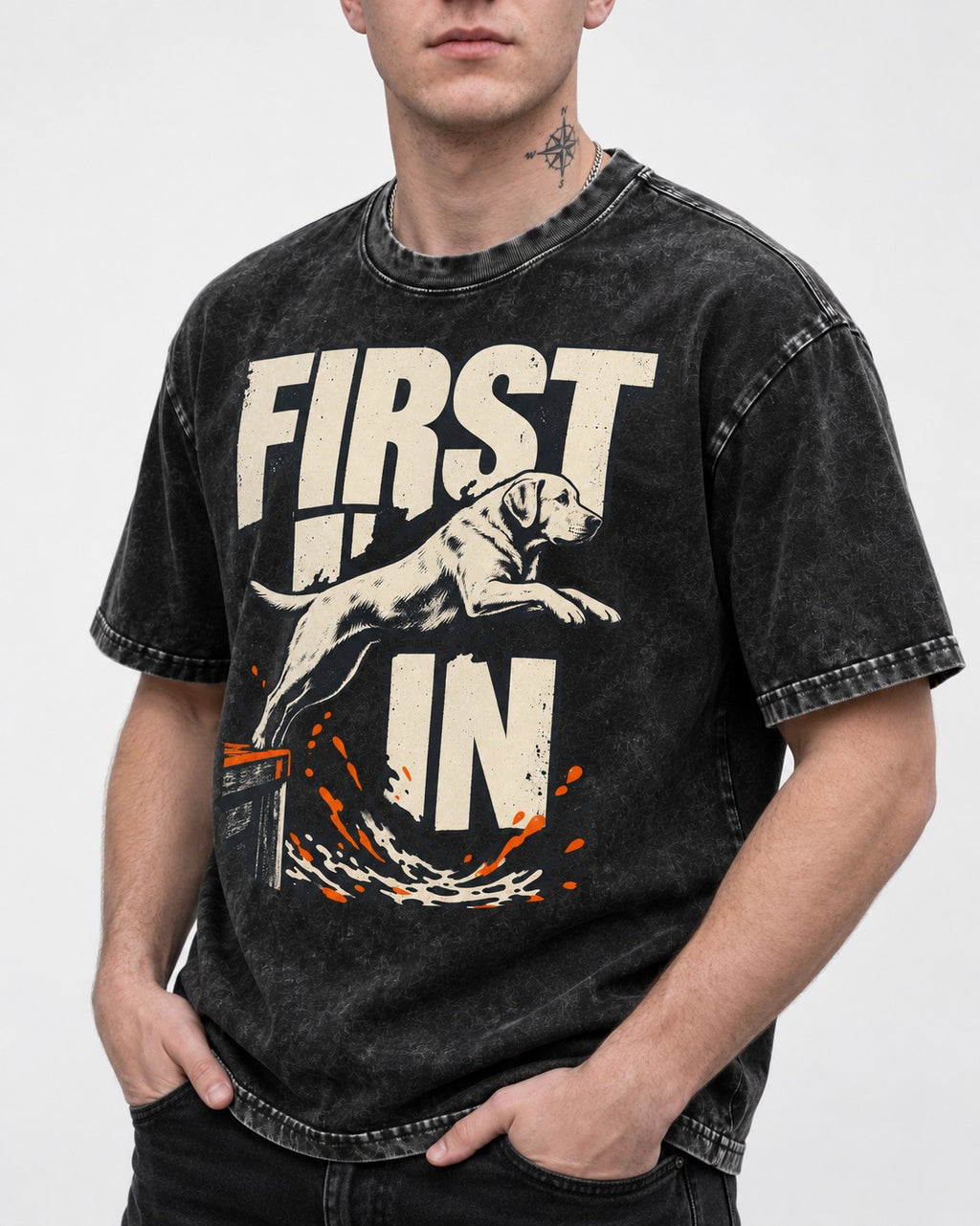 First In Dock Jump Labrador Retriever Graphic Washed Tee in Black, worn by a model, front view