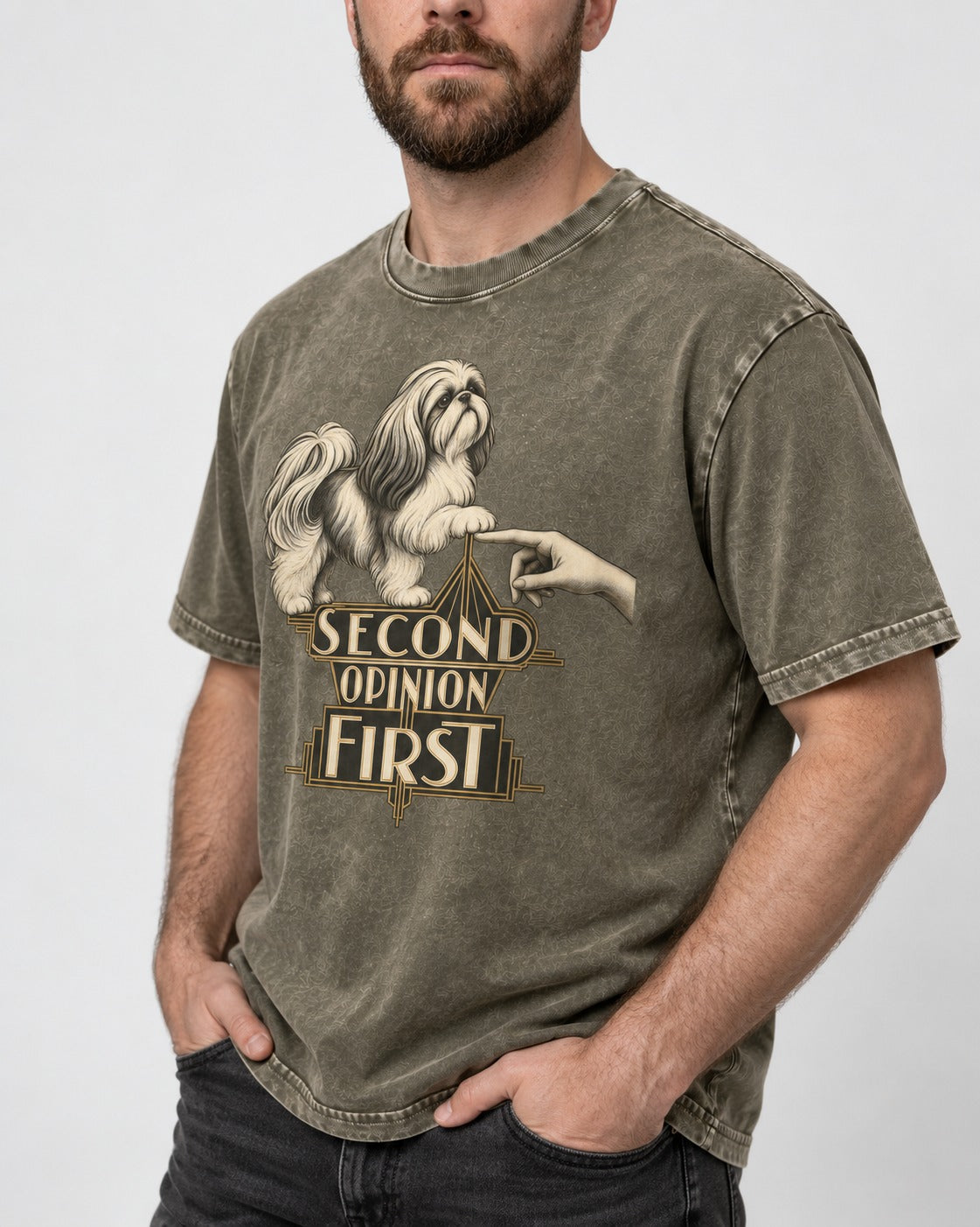 Shih Tzu Second Opinion First Art Deco Graphic Washed Tee in Army Green, worn by a model, front view