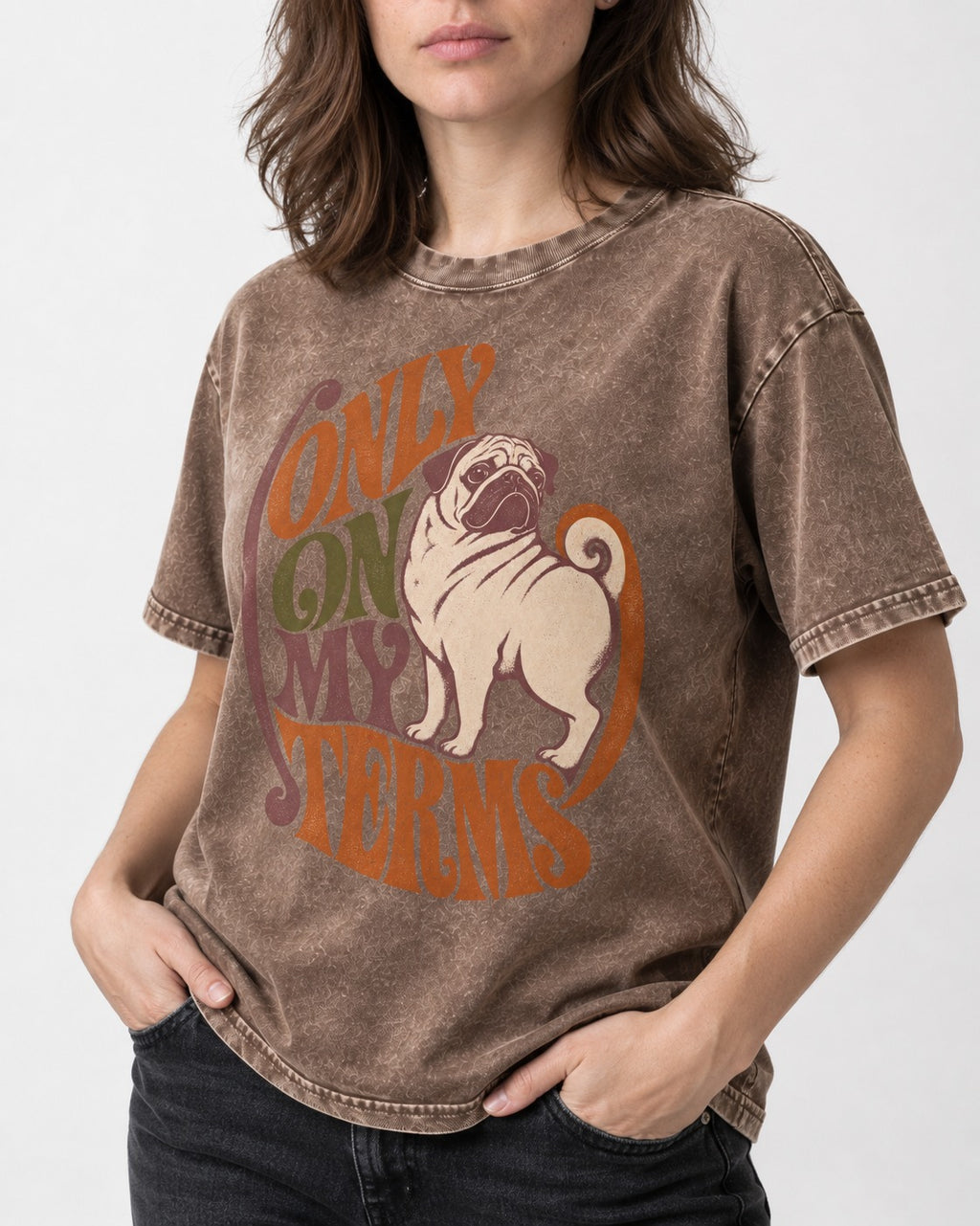 Pug Only on My Terms Washed Tee in Coffee, worn by a model, front view