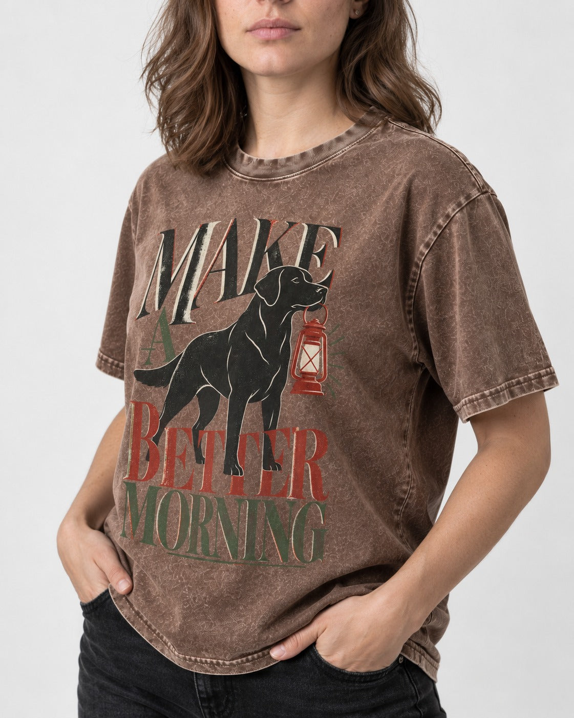 Make a Better Morning Labrador Retriever Washed Tee in Coffee, worn by a model, front view