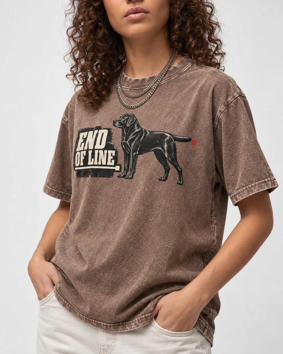 End of Line Labrador Retriever Washed Tee in Coffee, worn by a model, front view