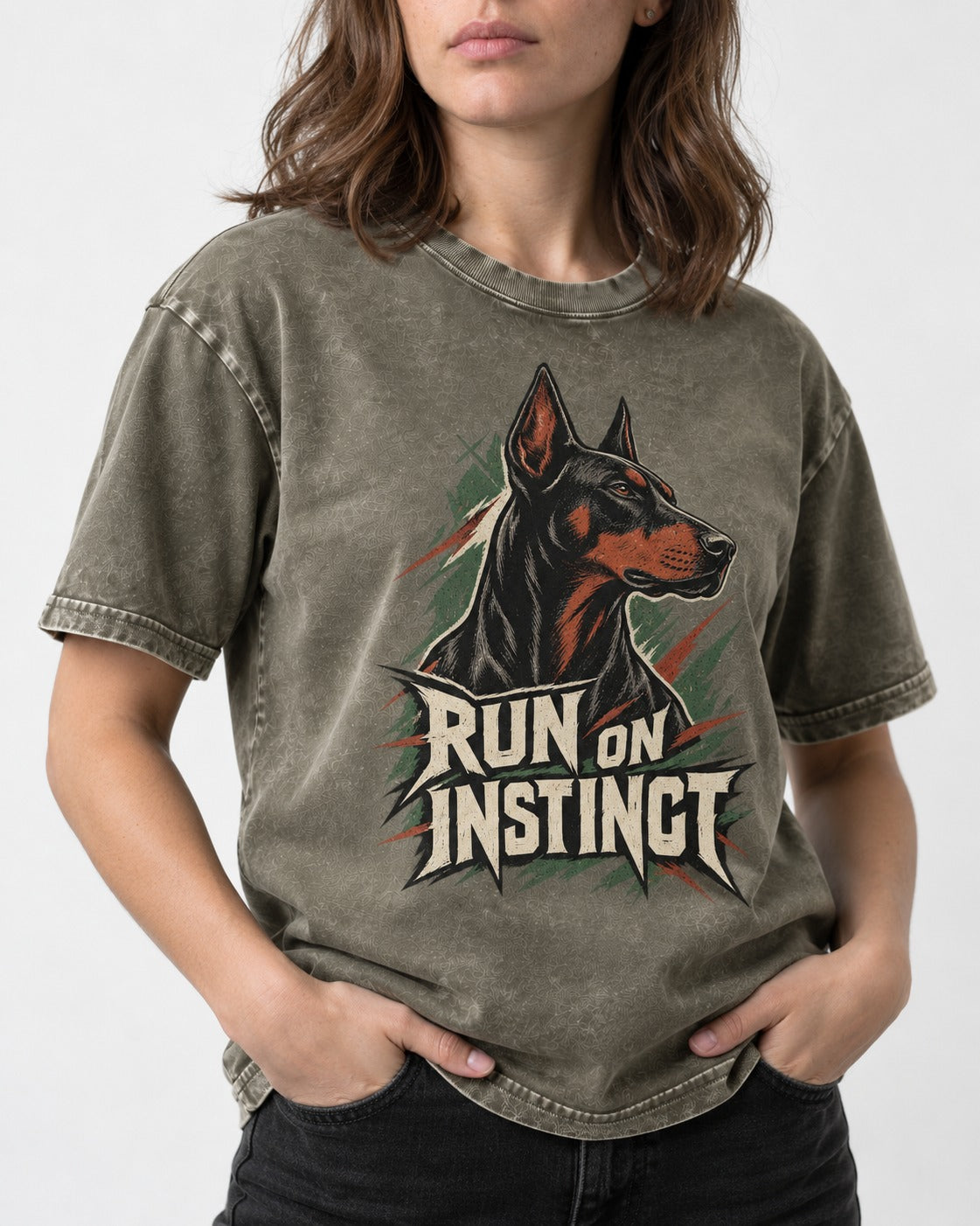 Doberman Run on Instinct Brush Slash Graphic Washed Tee in Army Green, worn by a model, front view