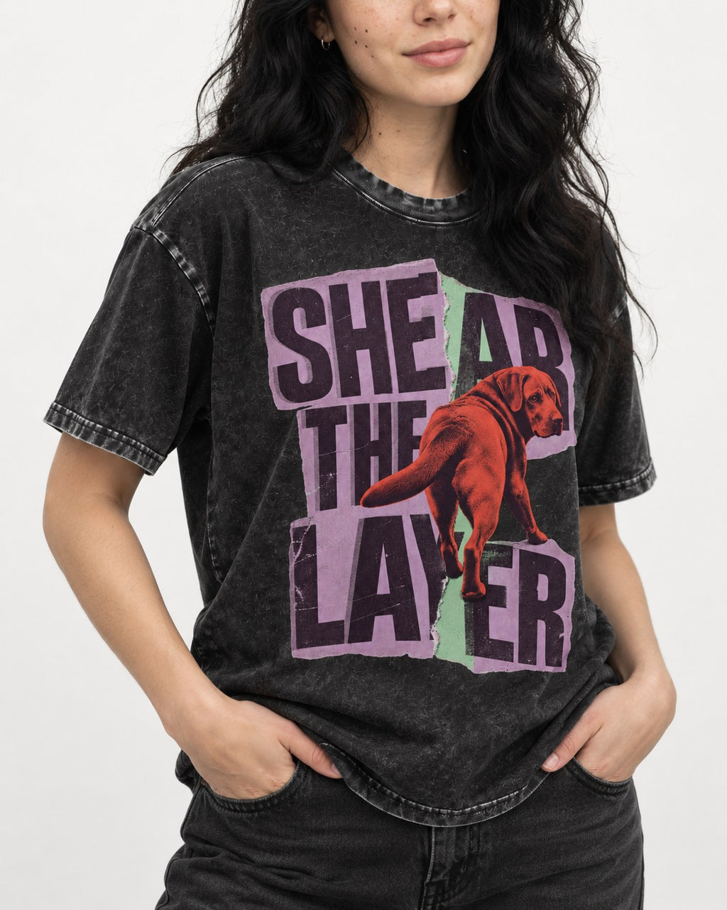 Labrador Retriever Shear the Layer Torn Paper Graphic Washed Tee in Black, worn by a model, front view