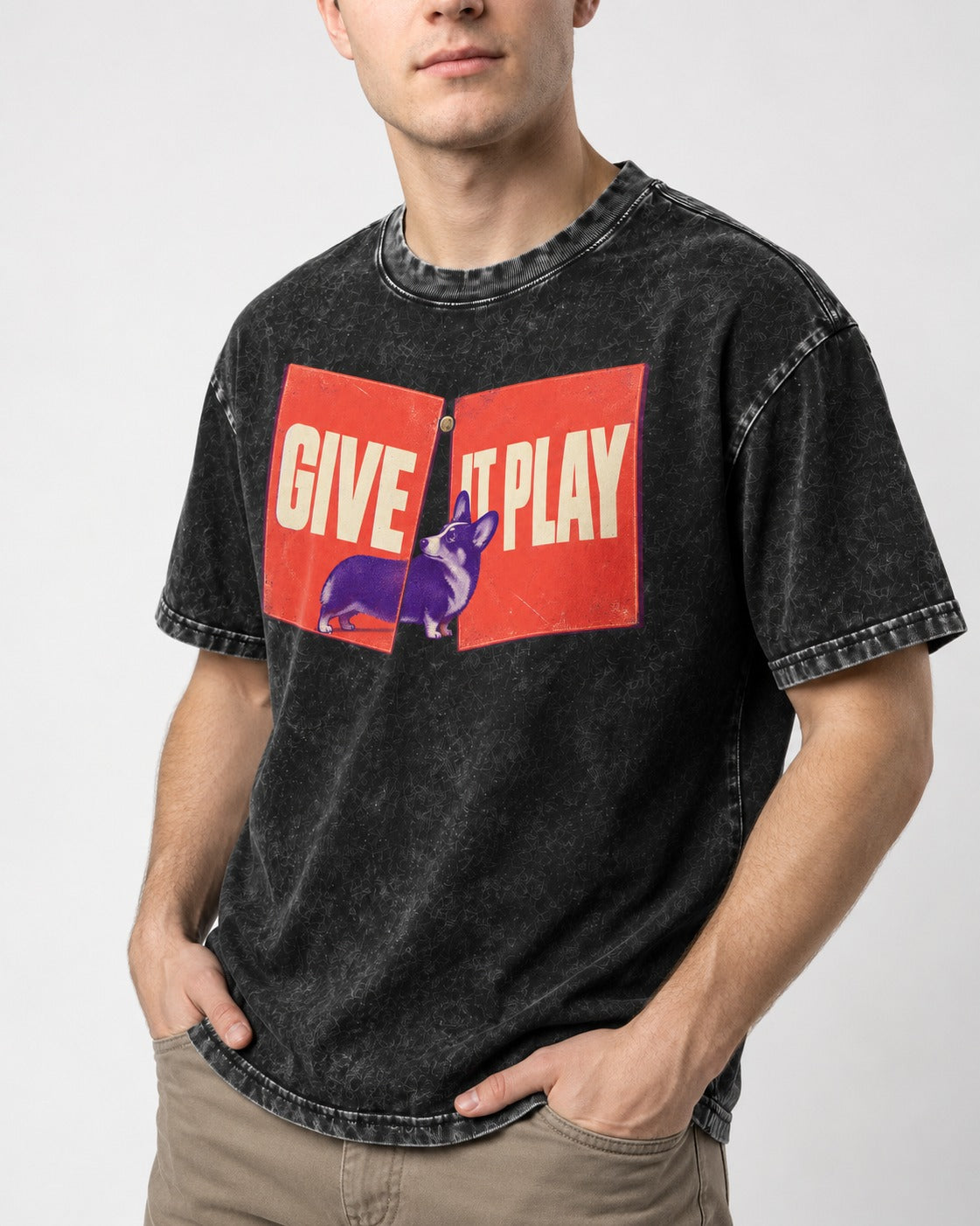 Corgi Give It Play Folding Panels Washed Tee in Black, worn by a model, front view