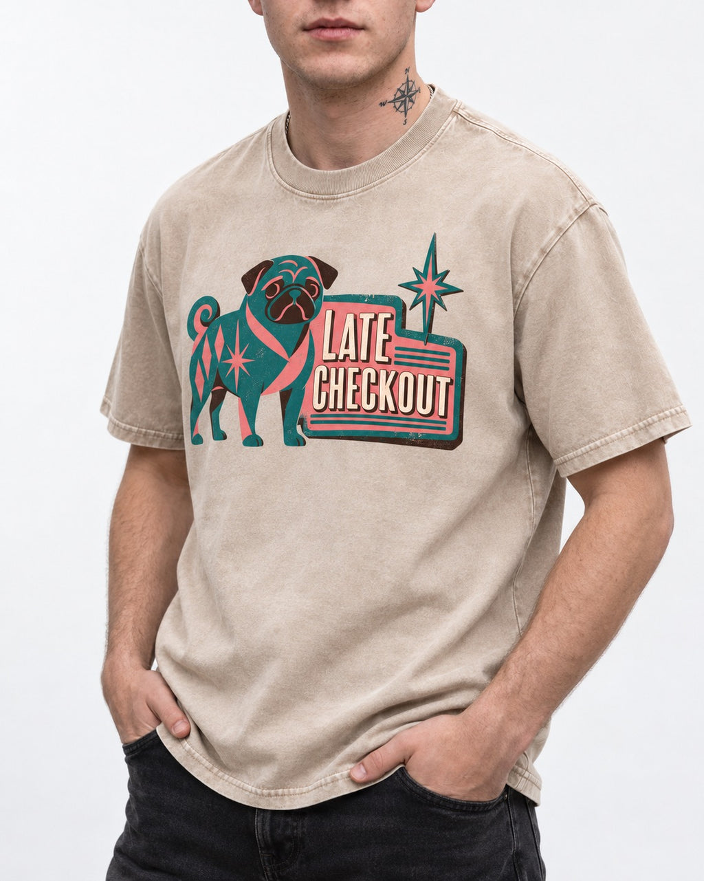 Pug's Late Checkout Washed Tee in Apricot, worn by a model, front view