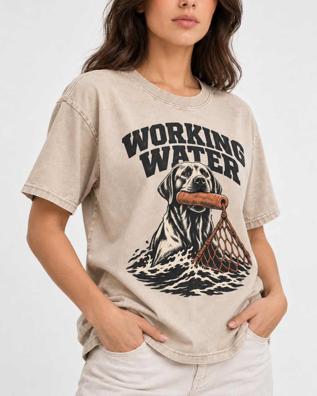 Working Water Labrador Retriever Washed Tee in Apricot, worn by a model, front view