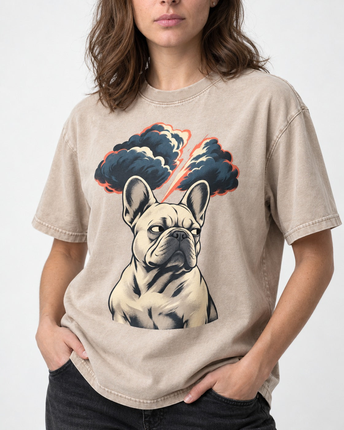 Frenchie Storm Warning Washed Tee in Apricot, worn by a model, front view
