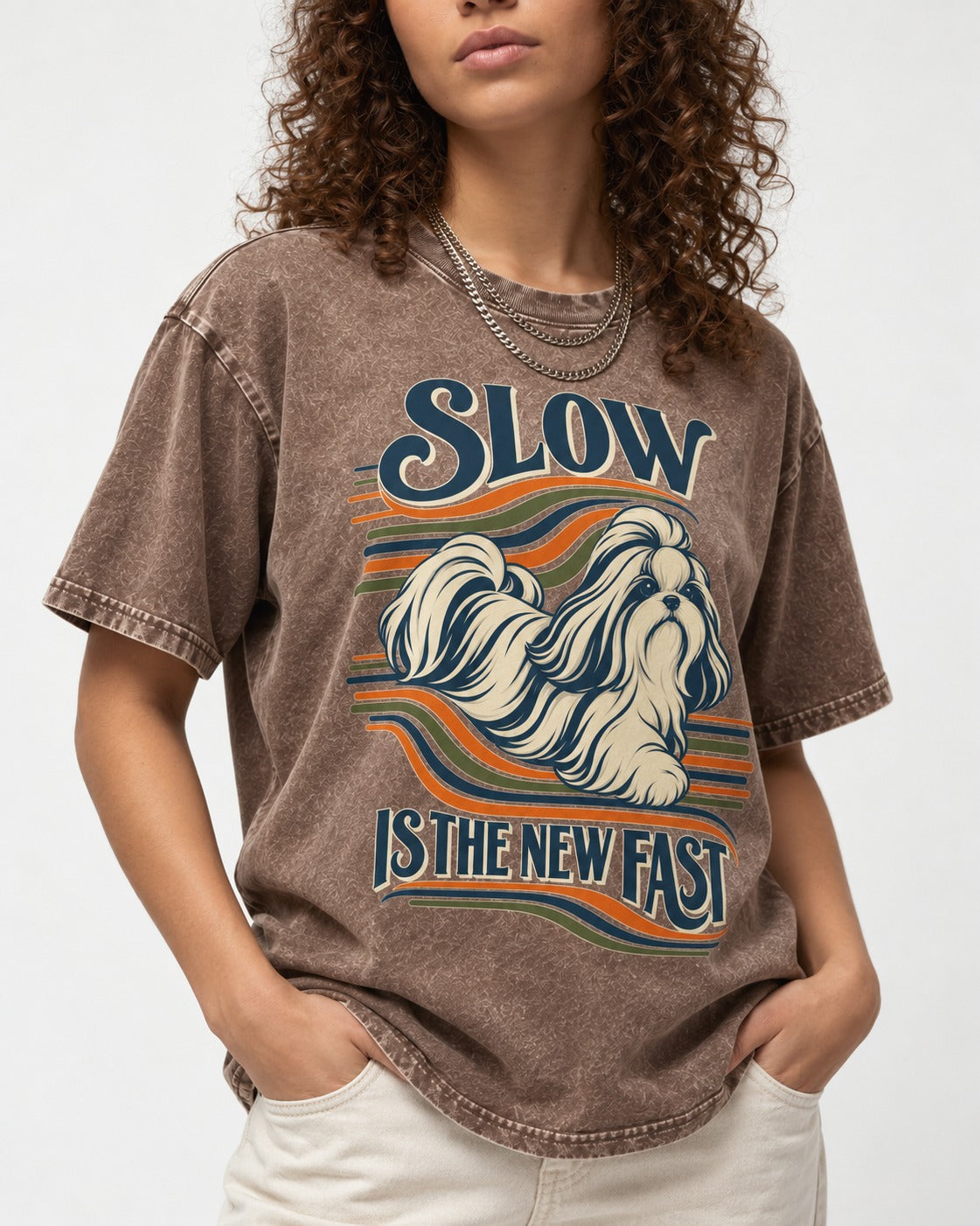 Slow Is Fast Shih Tzu Washed Tee in Coffee, worn by a model, front view
