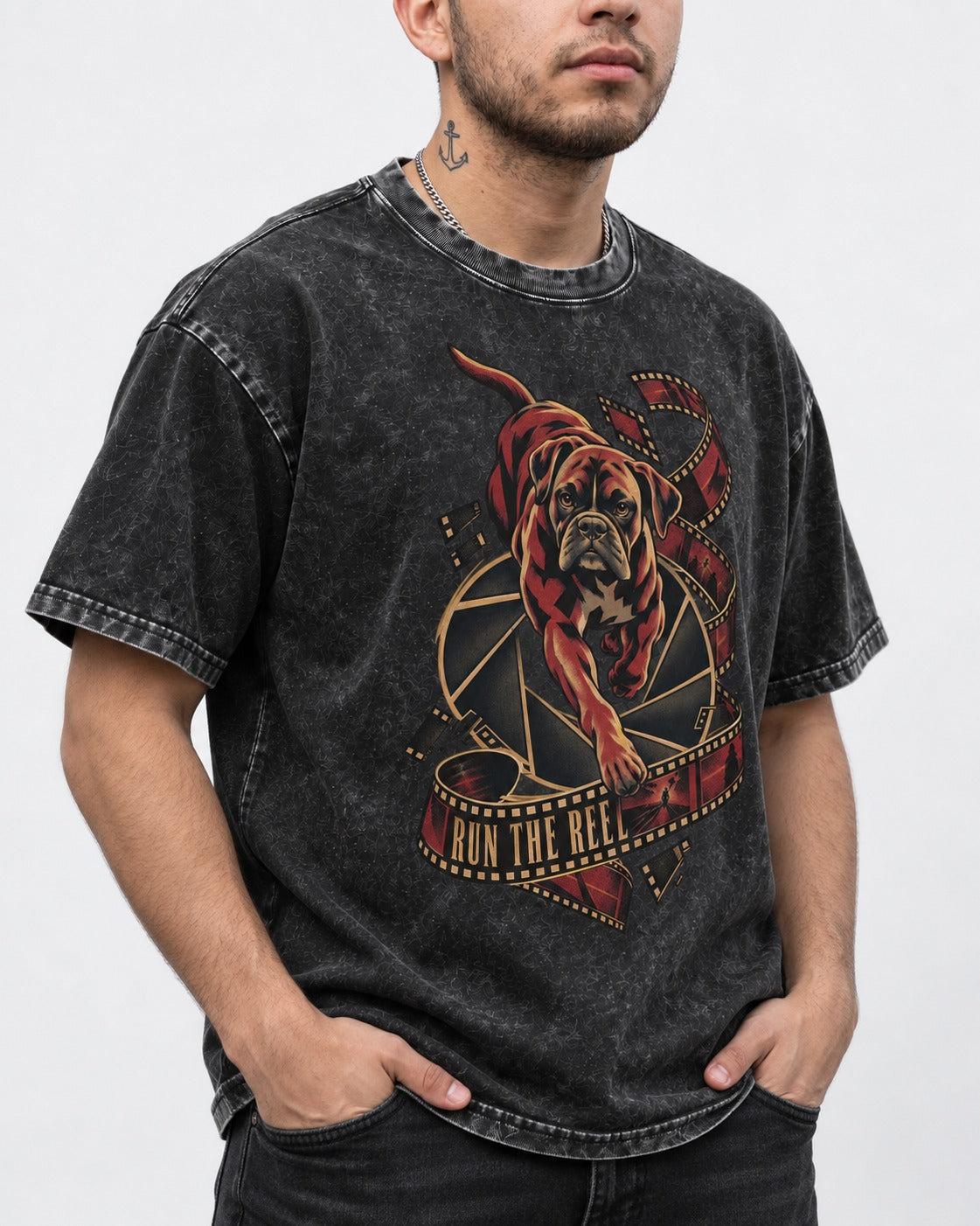 Run the Reel Boxer Film Graphic Washed Tee in Black, worn by a model, front view