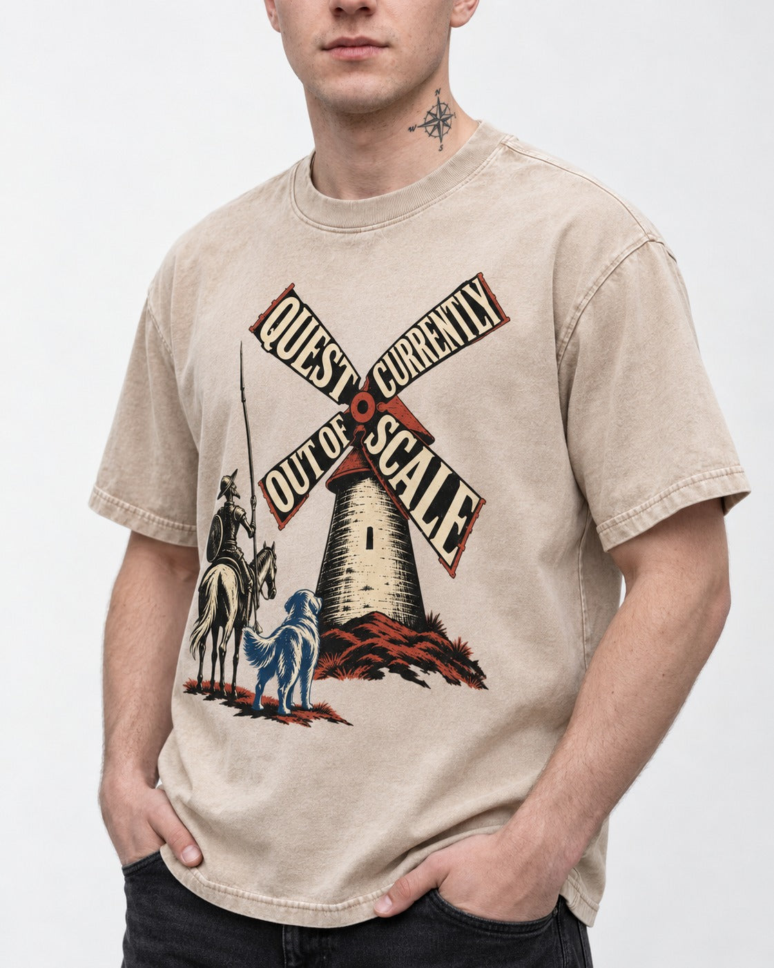 Golden Retriever Quest Out of Scale Washed Tee in Apricot, worn by a model, front view
