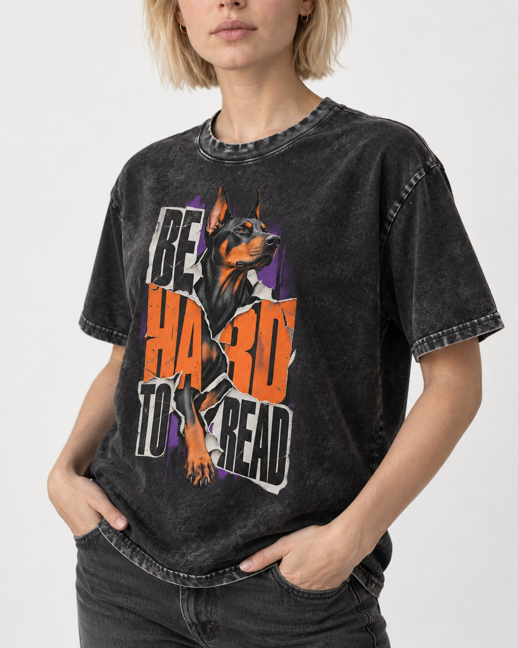 Doberman Be Hard to Read Torn Poster Graphic Washed Tee in Black, worn by a model, front view