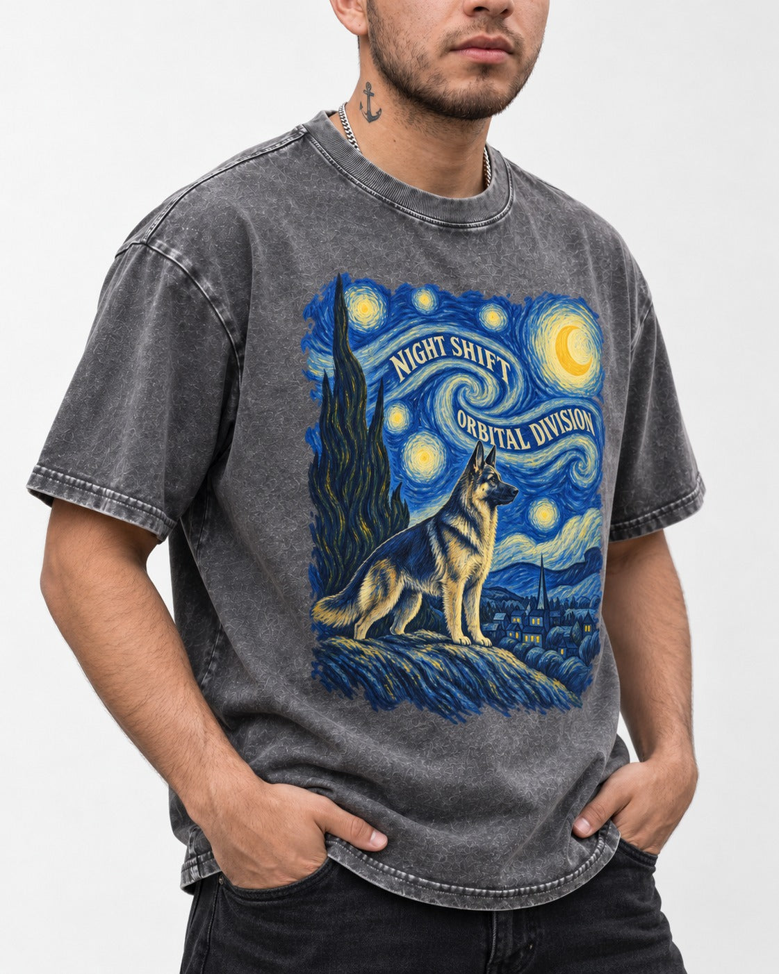 German Shepherd Dog Night Shift Orbital Division Starry Night Washed Tee in Gray, worn by a model, front view